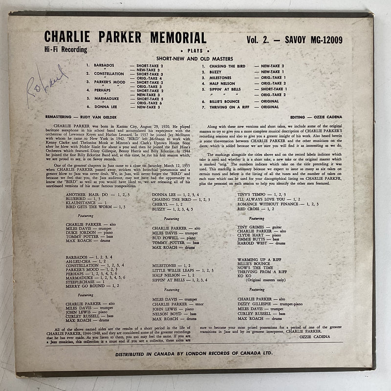 PARKER, CHARLIE = MEMORIAL VOL. 2 (CDN 1955) (USED)